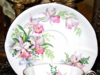 Roslyn Sweet Romance Pink Orchids Bows Tea Cup and Saucer Fab