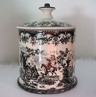 Black Toile Transferware Romantic Victorian Biscuit Jar w Lid 59324