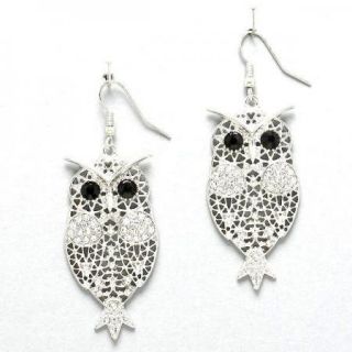 Crystal Owl Earrings Dangle Clear Black Detail Rhodium Tone Filigree
