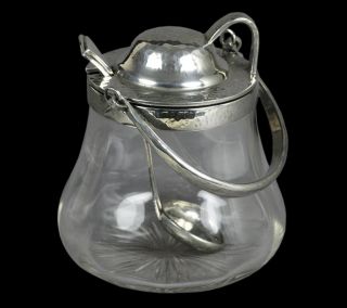 Stylish Arts Crafts Tudric Pewter Mounted Honey Jar and Spoon C 1905