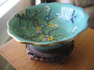 Antique Early Unique Chinese Cloisonne Enamel Scalloped Bowl w Teak