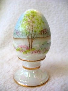 Fenton Art Glass Egg Spring Scene Trees Opalescent Hand Painted Signed