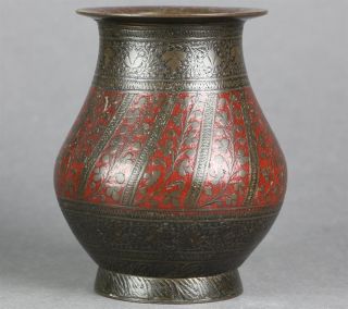 Stunning Antique Asian Indian Enameled Bronze Vase 19th C