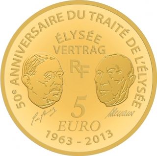 FRANKREICH 5 EURO EUROPA ELYSÉE VERTRAG 2013 1/2 G GOLD* PP