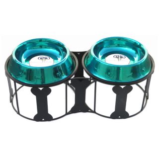 Platinum Pets Deluxe Bone Double Diner Stand With Stainless Steel Bowls   Teal