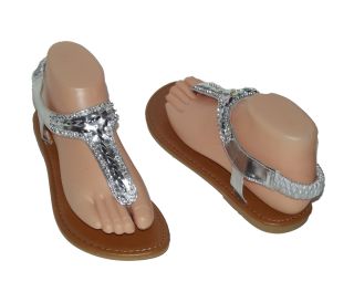 Brand New Silver Rhinestone Beads Jewel Thong Flat Women Sandals Shoes