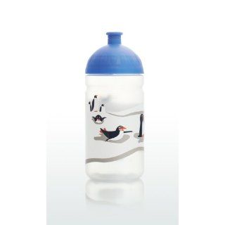 Isybe Trinkflasche, 0,5 l durchsichtig mit blauem Deckel mit Pinguin