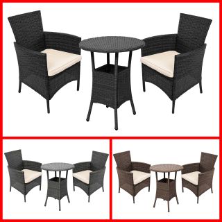 Garten Garnitur Sitzgruppe RomV, Poly Rattan,Tisch+ 2x Sessel,schwarz