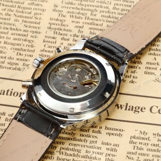 Mechanisch Herrenuhr Uhr weiß Kunstleder Datum Skelett #132