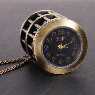 Antique Bronze Bird Cage Pendant Pocket Watch Necklace