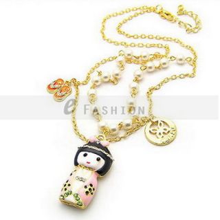 Halskette asiatisch Puppe Anhänger Damen Lange Kette lady necklace