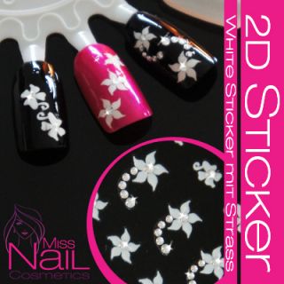 2D Nailart White Nail Sticker mit Strass   Blüten weiß