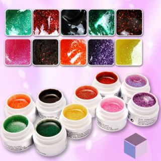 10er Nail Art UV Gel Farbgel Glitzergel Farbgele Set