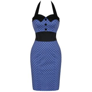 Damen Kleid Blau Getupft Bleistiftkleid Vintage Tailliert 40er 50er