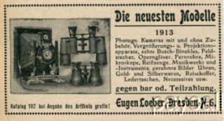 1913 Ad Eugen Loeber Photo Camera Kamera Binoculars