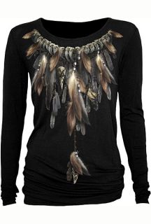 Gothic Pagan Wicca Indianer Federn Shirt Top Longsleeve Bluse schwarz
