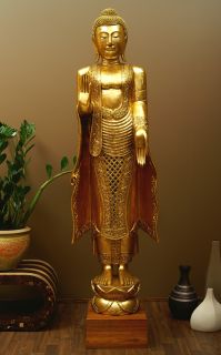 HOLZ BUDDHA SKULPTUR 172cm 24 KARAT BLATTGOLD GOLD VERGOLDET THAILAND