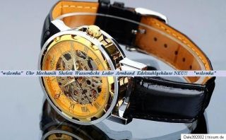 Herrenuhr Leder Armband Uhr Skelett mechanik silber   gold Neu