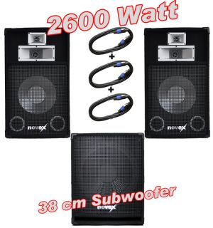 2600 Watt Disco DJ   Anlage 2xBoxen + 1x Subwoofer + 3xPA Kabel