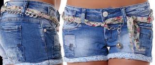 Neu Hot Pants Damen Jeans Hose Shorts Kette Tuch Patches Style 34 36