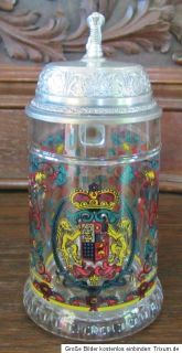 Krug Bierkrug Sammelkrug Glas mit Zinndeckel und Wappen integrierter