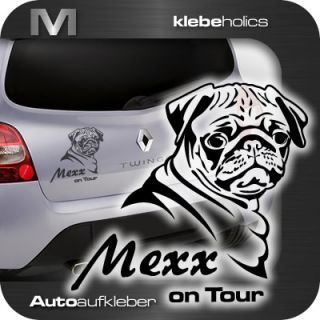 A646 Wunschname Mops on Tour  Auto Aufkleber Hund Pug