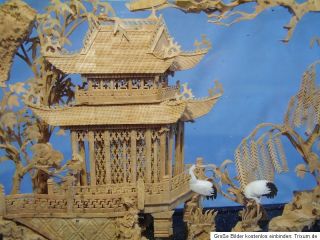 Feine chinesische Korkschnitzerei hinter Glas Diorama groß Handarbeit