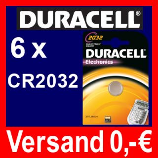 6x CR2032 Lithium Knopfzelle 3V DL2032 DURACELL°