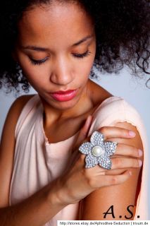 Blüten Ring Blume Farbe:Silber Glitzer Perle Flexibel Fingerring