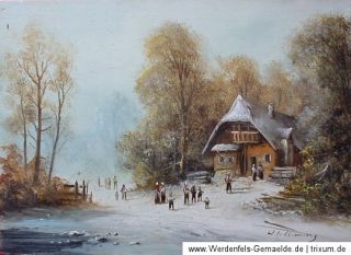 Öl Gemälde von H.G. Clemens, 13x18, Winterlandschaft   Lupenmalerei