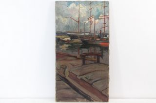 Ölgemälde Schiffe im Hafen undeutlich signiert Impressionist ~1910