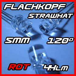 50 5mm Flachkopf Flattop LED ROT 120° 4.4 Lm ROTE LEDs