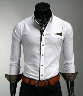 Herren Designer Hemd Slim Fit Kontrast Shirt Weiß Leopard Muster Gr