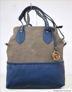 Shopper Causal Bag Henkel Tasche Handtasche Nieten taupe blau Leder