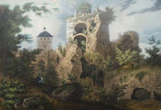 Landschaft mit Schlossruinen. Signiert K.S. (Heidelberger Schloß