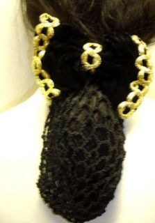 Sn65, Hand Crocheted Black Gimp Dress Snood with Gold Lace
