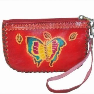 Designer Wristlet Leather Purse, Butterfly & Flower (Red