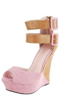 Monaco Two Tone Double Strap Wedge Heels PINK Shoes