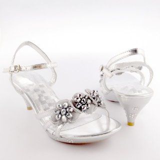 Pageant High Heel Flower Sandals W/ Beaded Detail Silver , 4 Shoes