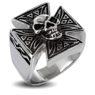 Stainless Steel Mens Iron Cross with Skull Ring