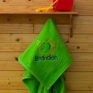 Kids Personalized Green Embroidered Beach Towels   Go Fish