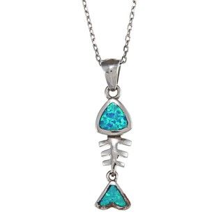 La Preciosa Sterling Silver Created Blue Opal Fish Skeleton Necklace
