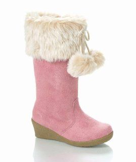 Pink Pom pom faux Fur Toddler Girl Wedge Boots, 4 Shoes