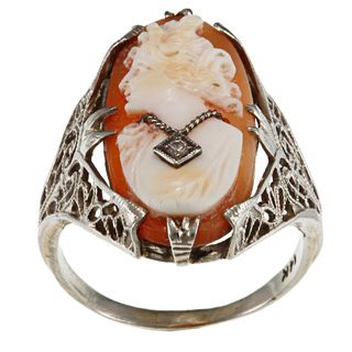 14k White Gold Cameo and Diamond Accent Estate Ring