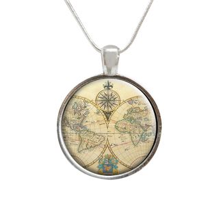 Vintage Style Map of the World Compass Glass Pendant and Necklace