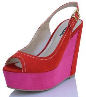 and Red Color Block Faux Suede Platform Wedge Slingback Velko: Shoes