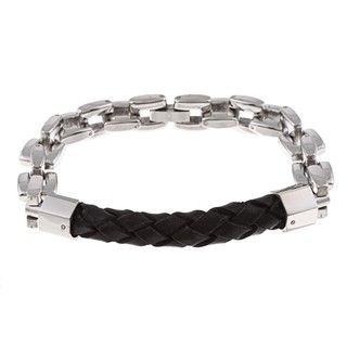 Stainless Steel and Black Leather Mens Bracelet