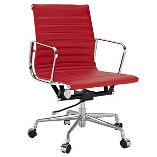Red Genuine Leather Ribbed Mid Back Office Chair
