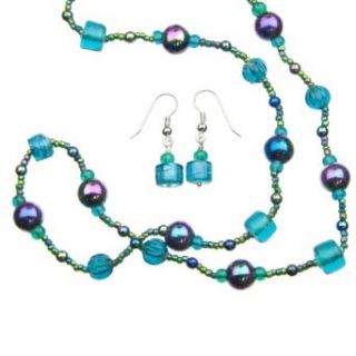 Teal Green Glass Bead Necklace and Earring Set Clothing
