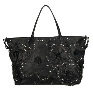 Valentino Black Leather Flower Studded Shopper Bag